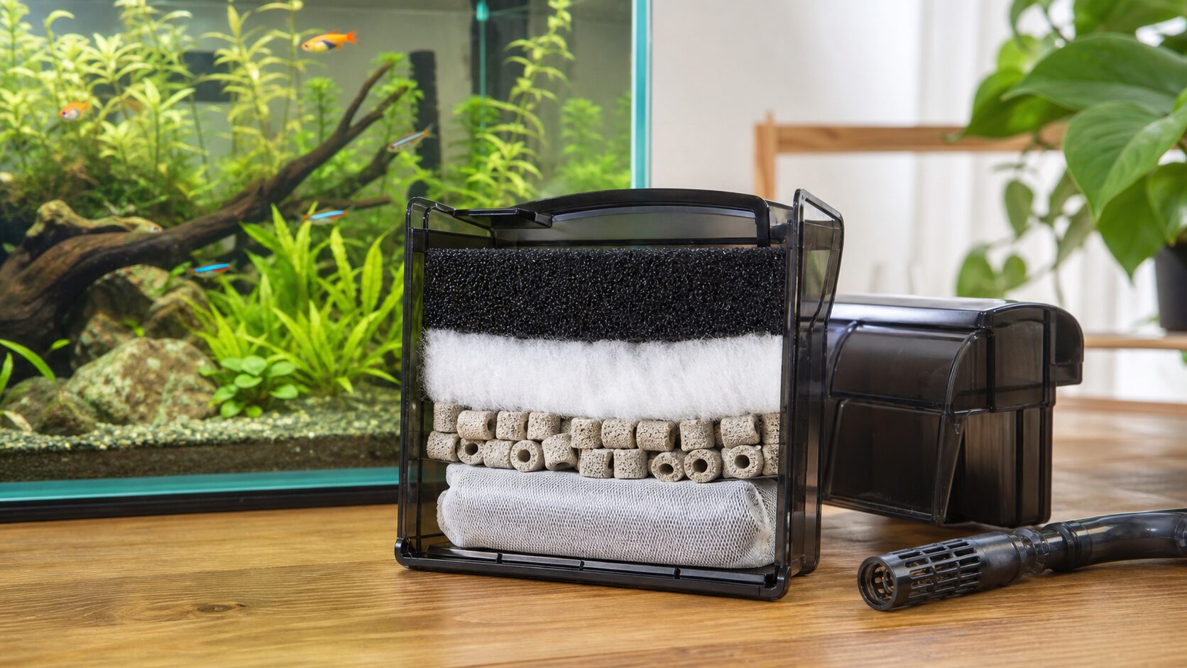 Aquarium filter media arranged by water flow with sponge, floss, and biological media