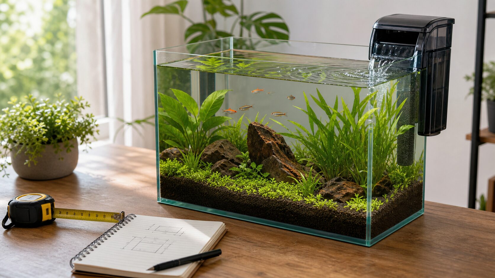 Aquarium filter matched to tank size with tape measure and notebook