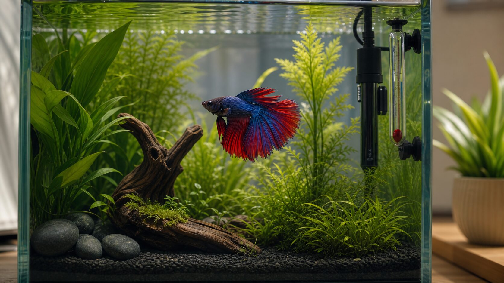 Betta fish in a planted aquarium with a heater and thermometer