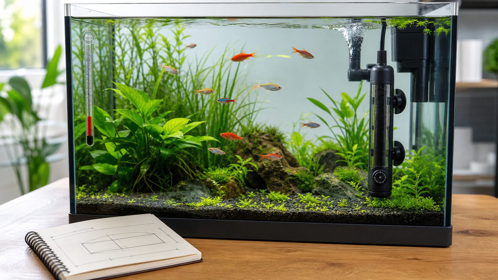 Aquarium heater and thermometer in a planted fish tank for heater size guidance