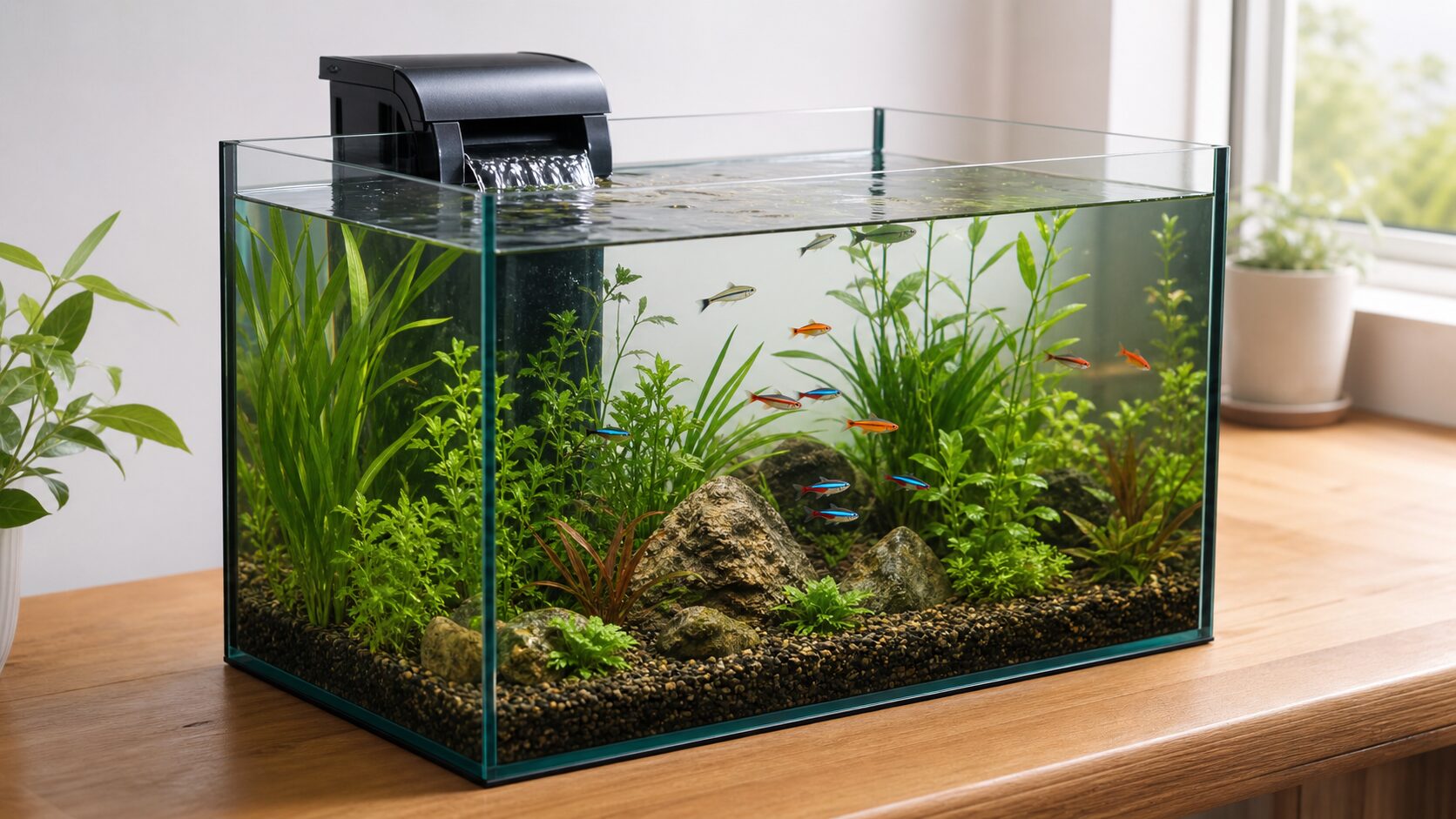 Hang-on-back filter returning water to a planted freshwater aquarium