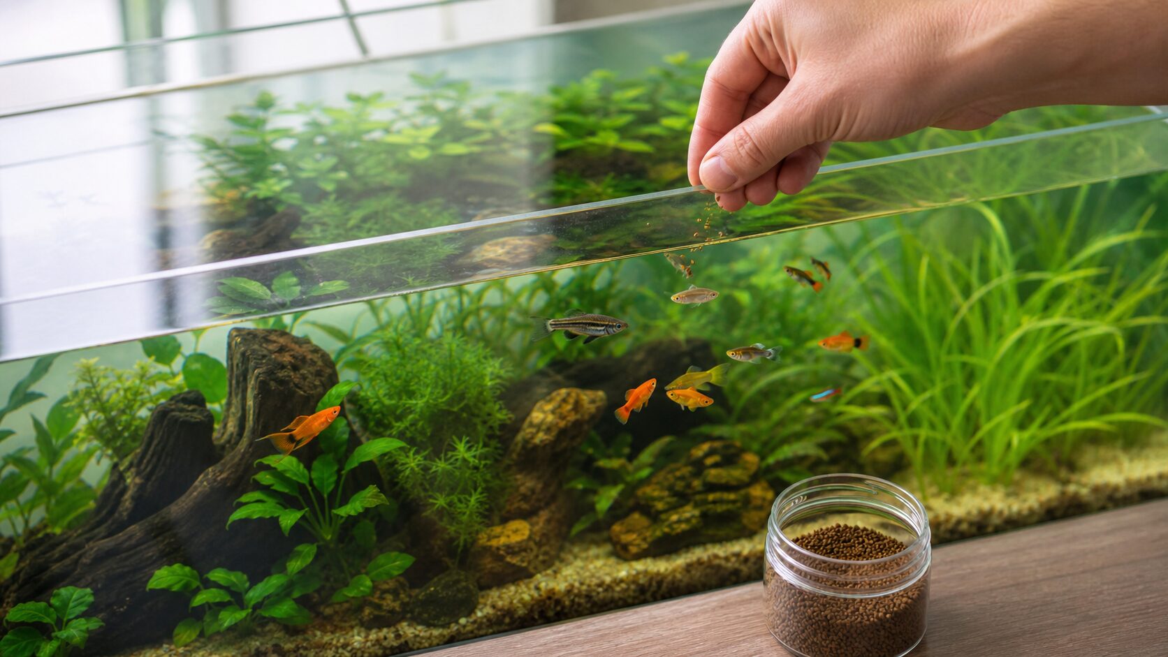 Measured small portion of aquarium fish food being fed to a planted freshwater tank