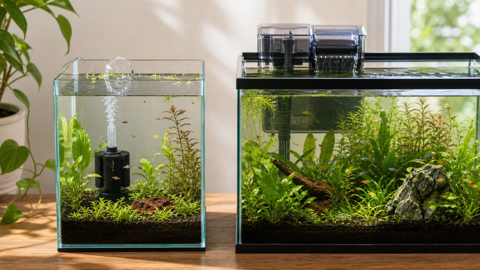 Sponge filter and hang-on-back filter in planted freshwater aquariums