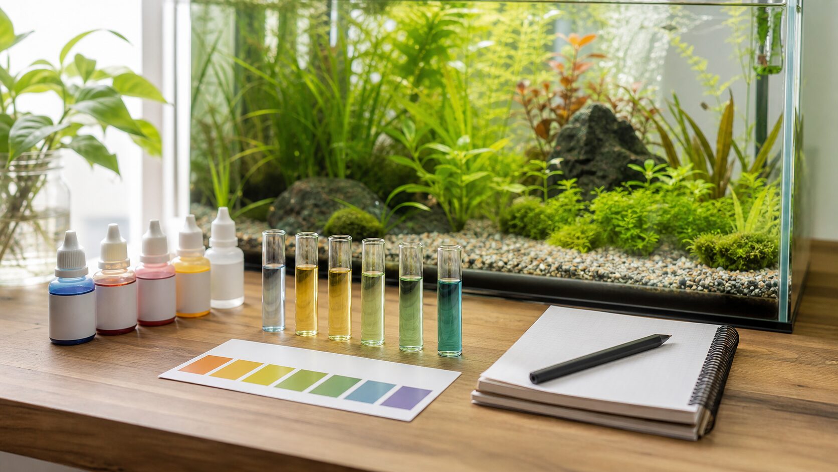 Liquid tests, test strips, and digital meters beside a freshwater aquarium