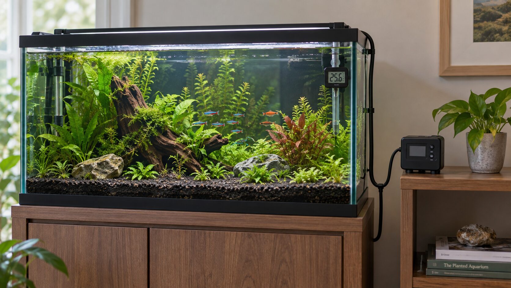 External temperature controller and separate thermometer beside a planted freshwater aquarium