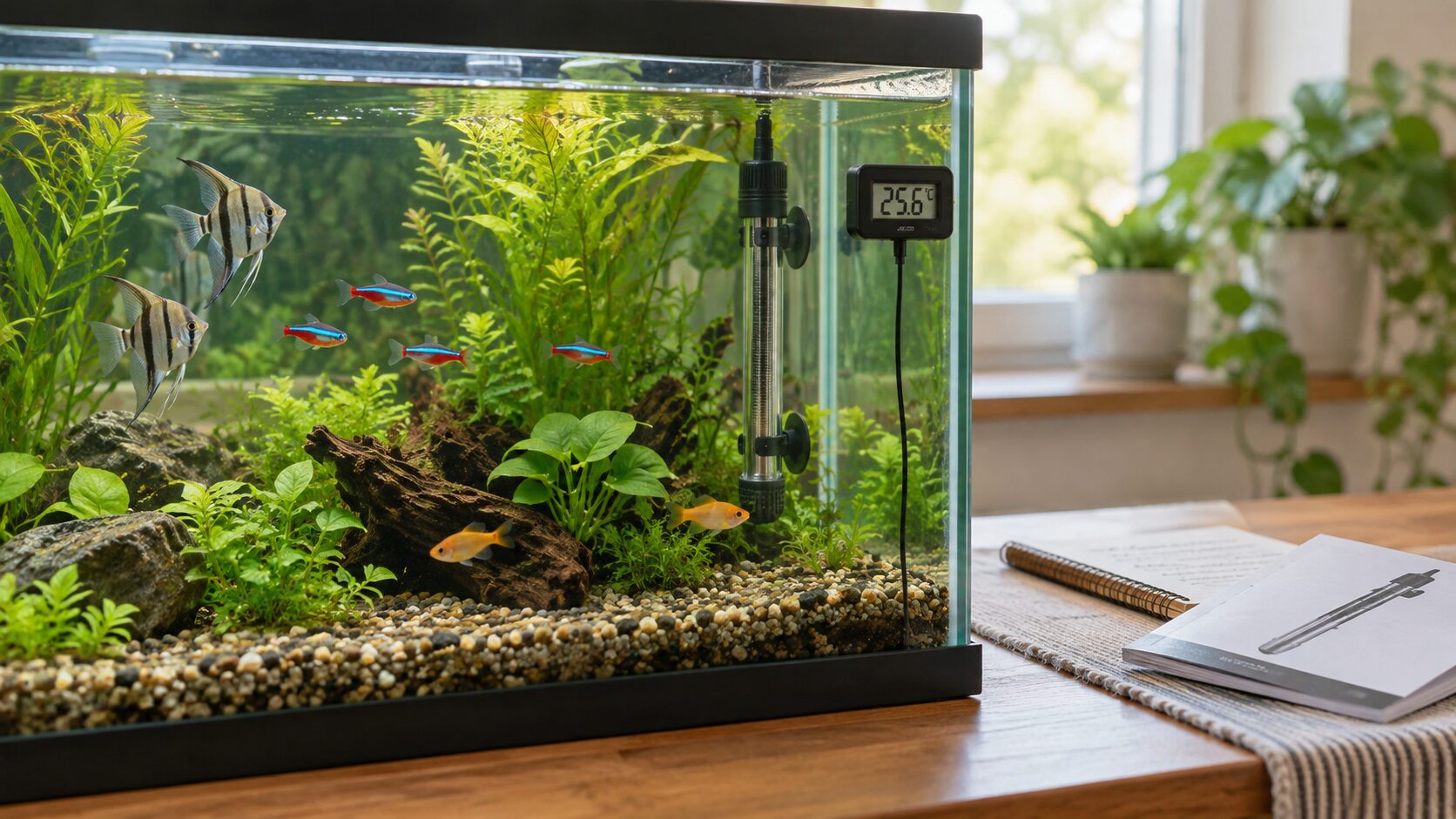 Separate digital thermometer beside an intact submersible heater in a planted freshwater aquarium