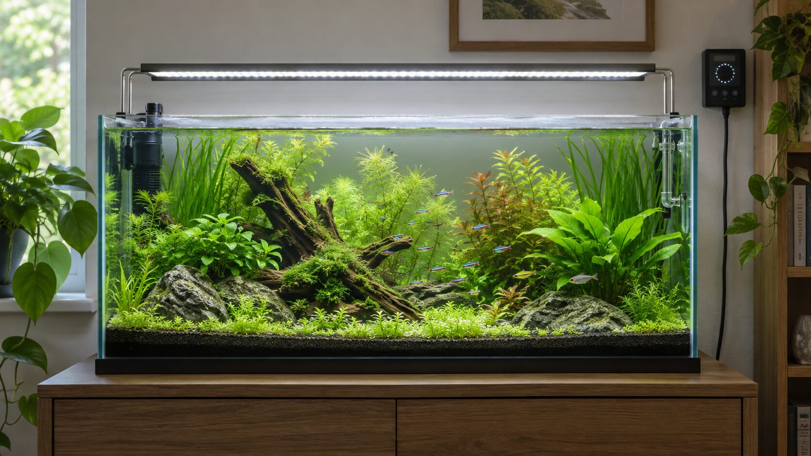 Healthy planted freshwater aquarium under an evenly mounted adjustable LED light