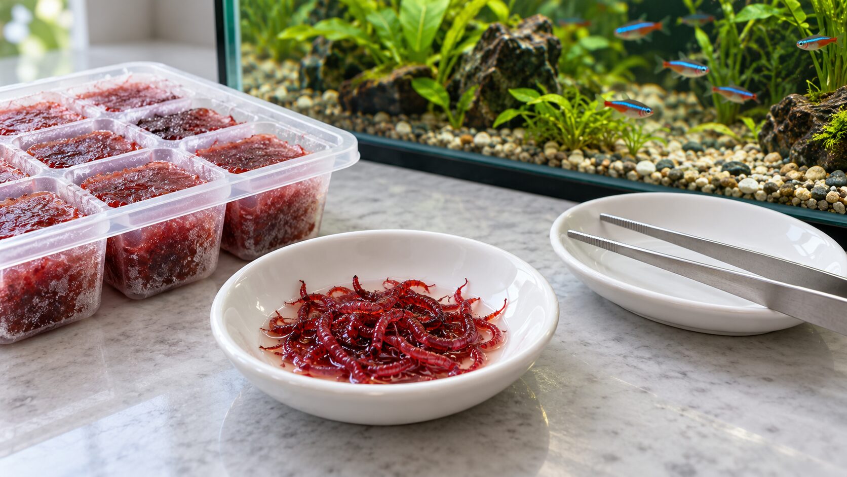 Illustration of bloodworm fish food beside a freshwater aquarium