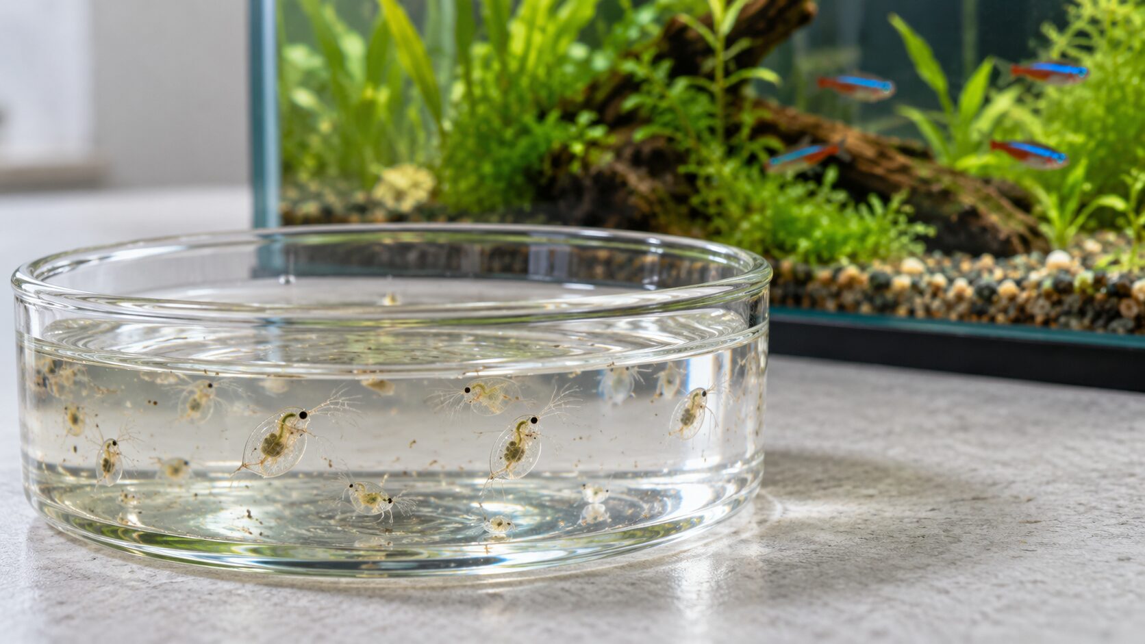Illustration of daphnia in a culture dish beside a freshwater aquarium